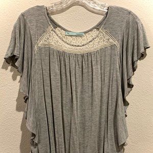 Gray, ivory, soft, flowy top, gathered bottom